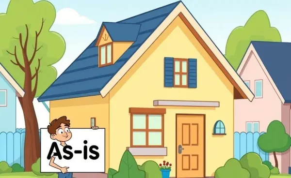 A cartoon of a house with an 'As-Is' sign and a curious buyer inspecting it.
