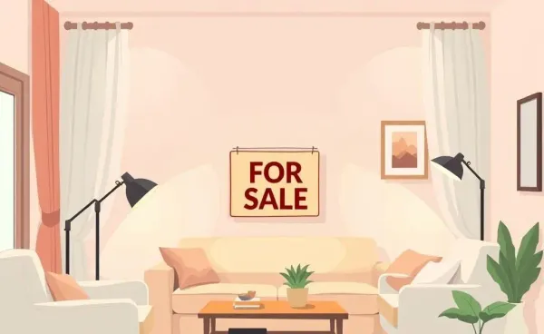 Cozy living room with a 'For Sale' sign depicting 'as-is' real estate.