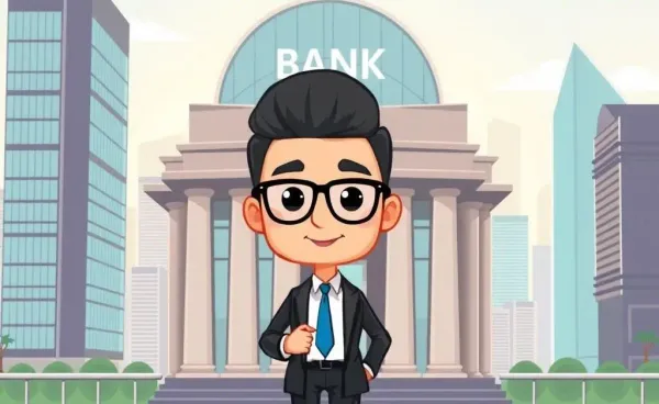 A confident young professional in front of a bank building.