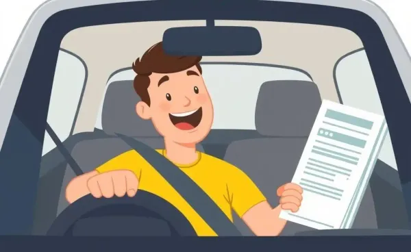 Person driving away in a new car with finance papers visible
