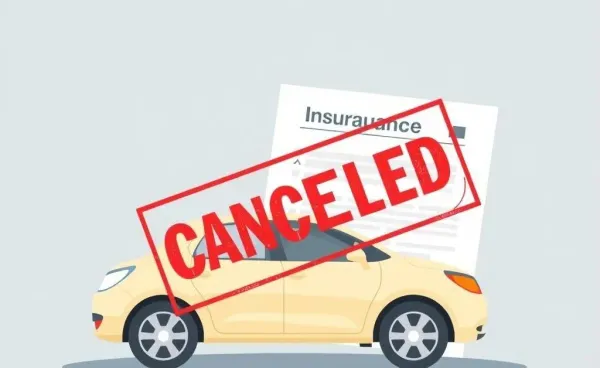 Illustration of a car with a canceled stamp over an insurance document