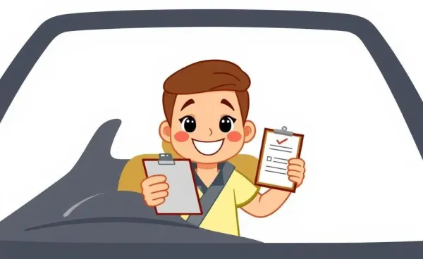 A happy driver checking auto insurance details with a car and clipboard.