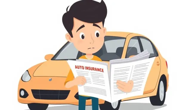 A person examining auto insurance documents with a car in the background
