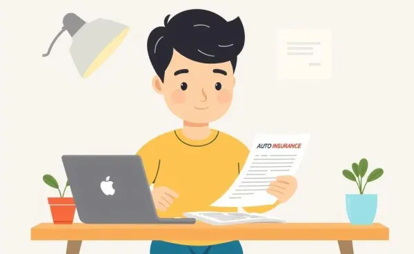 Cartoon of a person studying auto insurance papers with a laptop on a desk