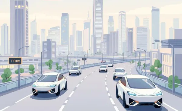 Cartoon-style futuristic cityscape with autonomous vehicles