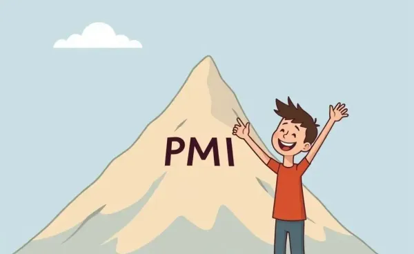 Cartoon illustration of a person happily avoiding a steep mountain labeled 'PMI'.
