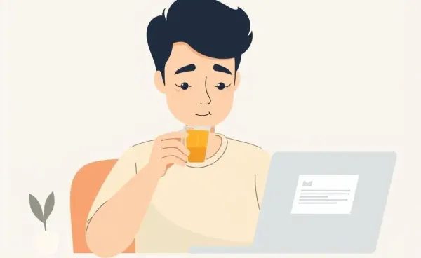 Person sipping tea, contemplating a job offer email