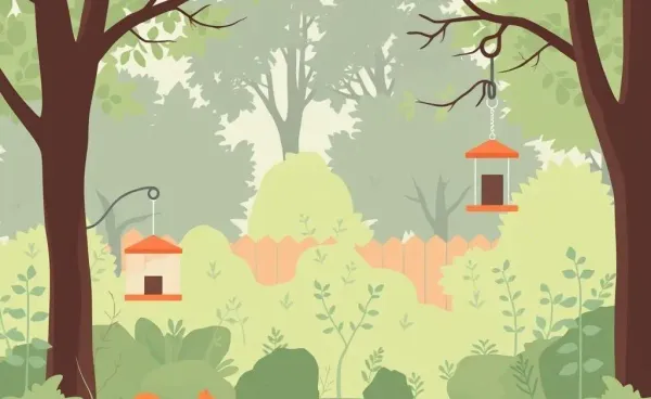A peaceful backyard scene with various wildlife and bird feeders.