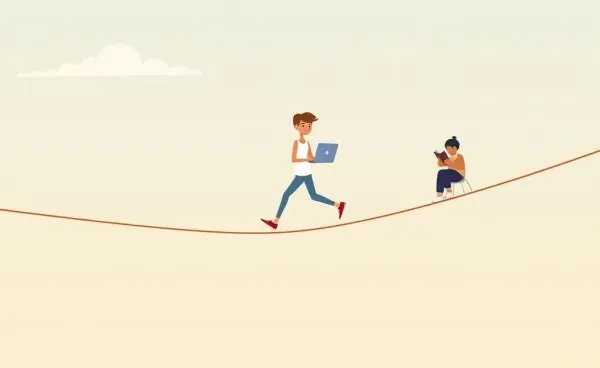 Person balancing daily activities on a tightrope