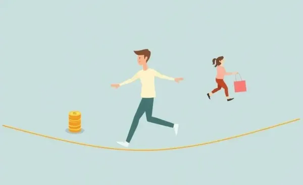 Person balancing money and leisure on a tightrope