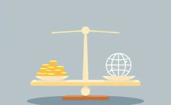 Abstract balance scale with money and economy symbols