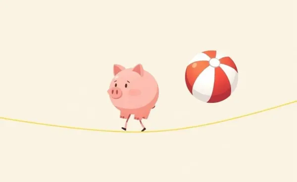A person balancing a piggy bank and a beach ball on a tightrope