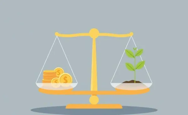 Illustration of a balanced scale with coins and a plant for financial growth