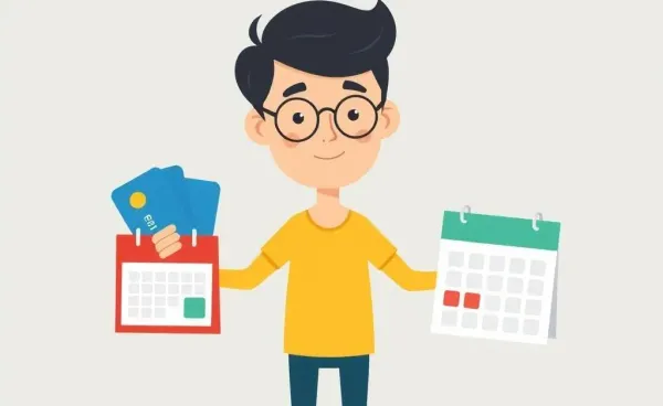 Person balancing credit cards and a calendar, symbolizing strategic financial planning