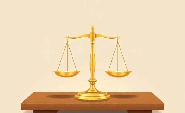 A balanced scale symbolizing financial stability on a wooden desk.