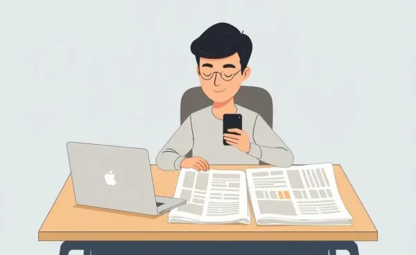 Person balancing digital and print information sources