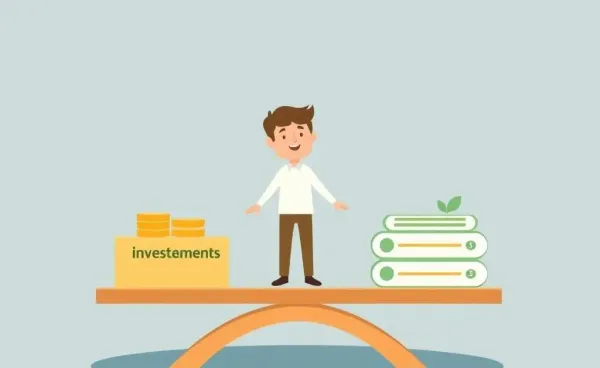 A seesaw with various investment options, like stocks and bonds, balanced on it.