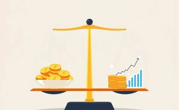 A balanced scale with gold coins and stocks representing a balanced investment portfolio.