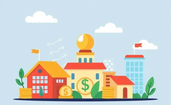 A cartoonish illustration of a diverse investment portfolio including stocks, bonds, and real estate