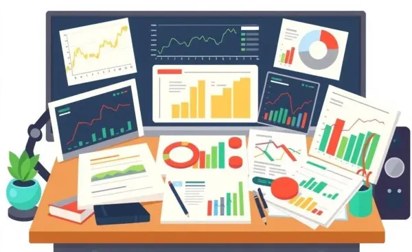 A cartoon depiction of a diverse investment portfolio on a desk