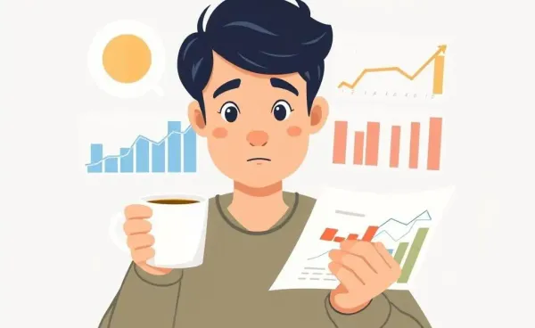 Cartoon person examining investment charts over tea