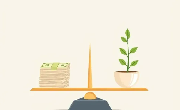 A balanced scale with money and a plant, symbolizing financial growth and stability