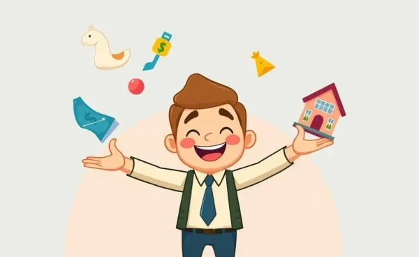 An investor happily juggling symbols of stocks, bonds, and real estate.