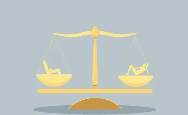 Illustration of a balanced scale representing work, passion, and relaxation