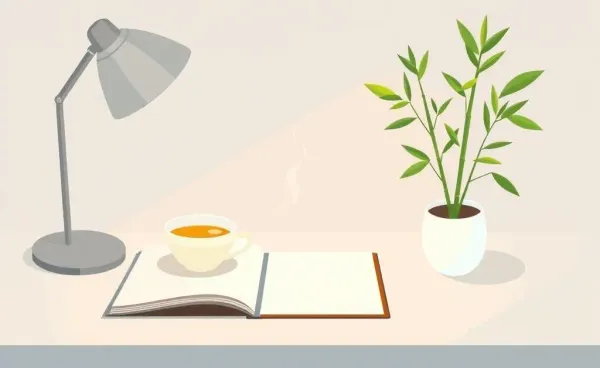 Tranquil workspace with notebook, tea, and plant