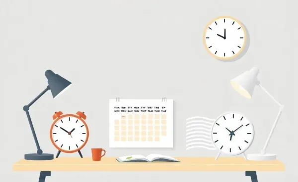 A desk with a calendar, planner, and clock symbolizing balanced time management