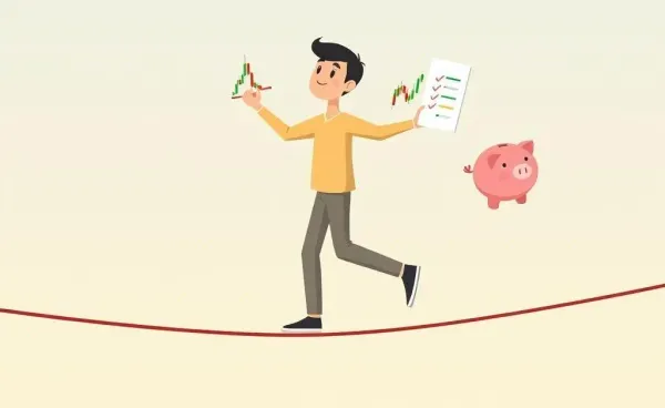 Person balancing on tightrope with stock chart and piggy bank.