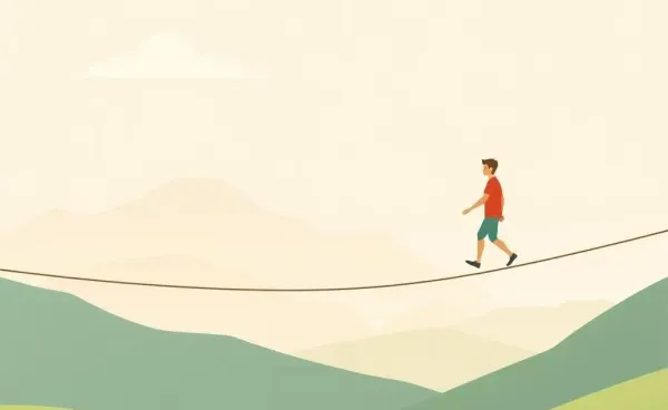 A person balancing on a tightrope over a serene landscape.