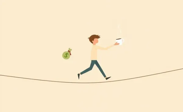 A person balancing on a tightrope with money and a coffee cup