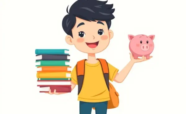 A student balancing college books and a piggy bank in a cartoon style