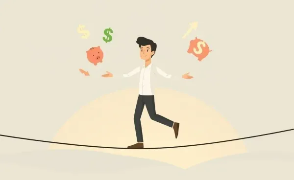 Illustration of a person balancing finance symbols on a tightrope.