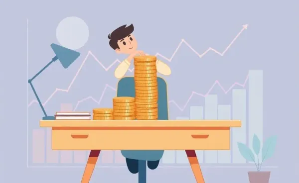 A cartoon representation of someone balancing coins on a desk with charts.