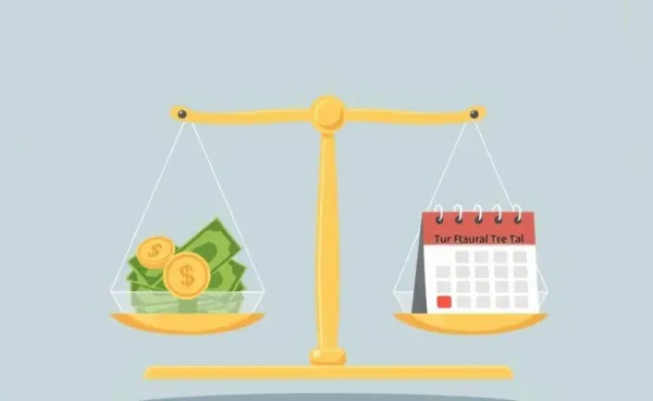 A balancing scale with money on one side and a future calendar on the other