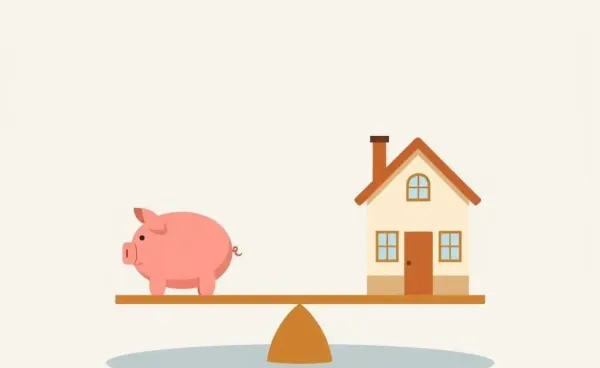 A cartoon illustration of balancing finances with a piggy bank and home on a scale.
