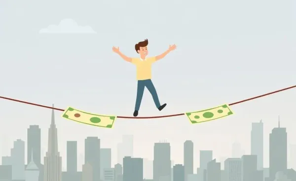 Person balancing on a tightrope made of dollar bills over a cityscape