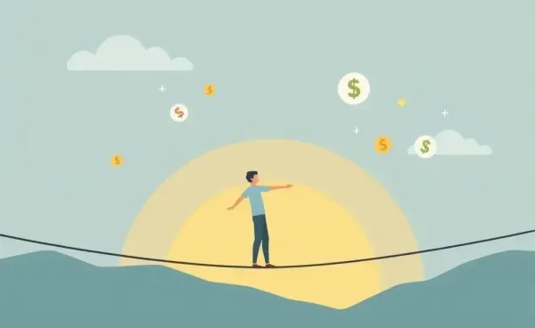 A person balancing on a tightrope with financial symbols floating around.