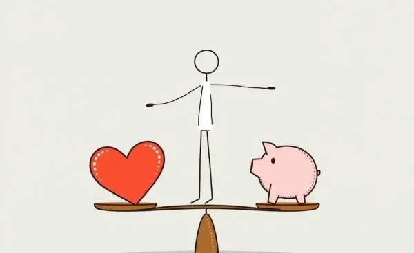 Hand-drawn illustration of a person balancing a heart and a piggy bank on scales