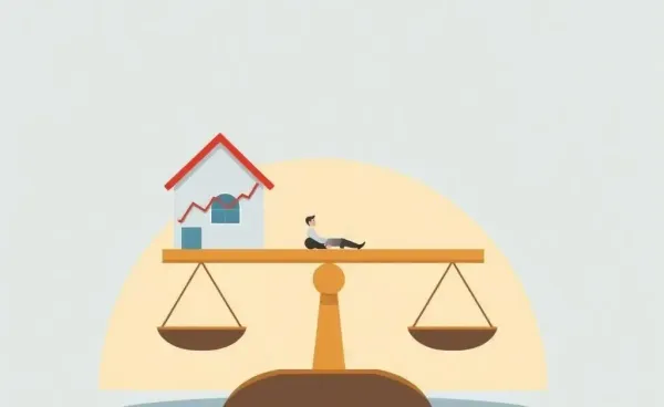 A person balancing a house and a stock chart on a scale