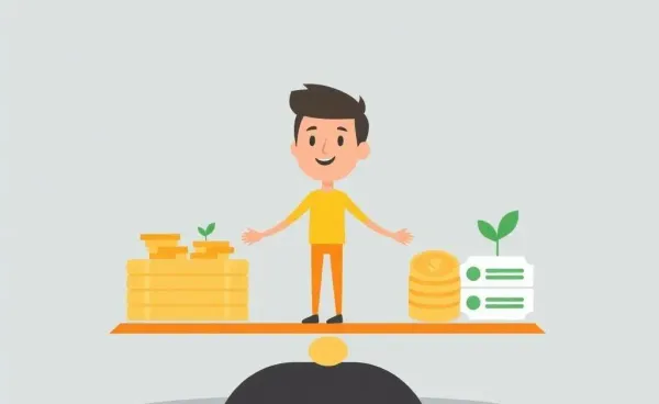 Cartoon illustration of balancing investment options on a scale
