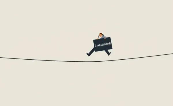 Illustration of a person balancing investments symbolically on a tightrope.