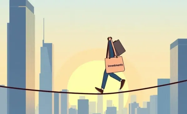 Illustration of a person balancing investments on a tightrope with a city skyline