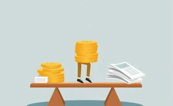 Person balancing coins and stock papers on a seesaw