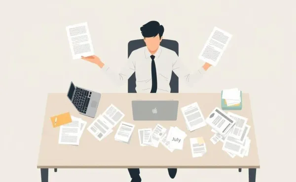A person balancing jury duty papers and financial documents at a desk