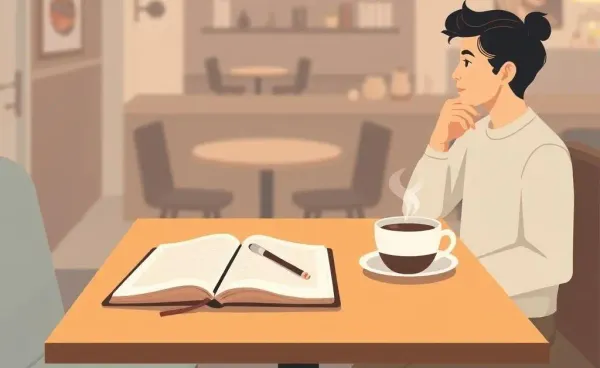 A person thinking about life's balance at a café table.
