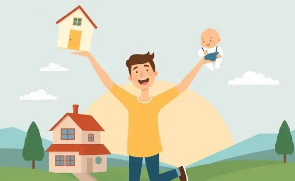 Illustration of balancing a house, child, and retirement savings