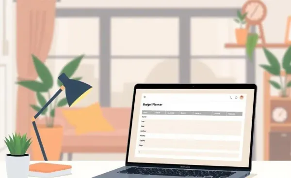 A cozy workspace with a budget planner on the screen.